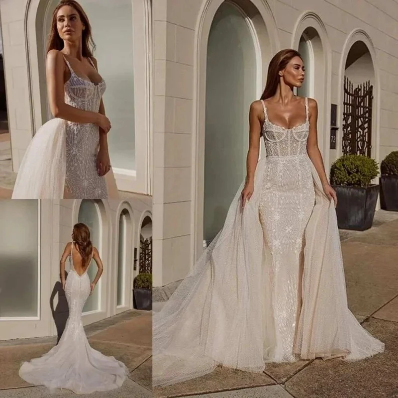 Sexy Mermaid Wedding Dress Beaded Sequins Spaghetti Strap Bride Gowns Appliques Sleeveless Detachable Sweep Train Bridal Dresses