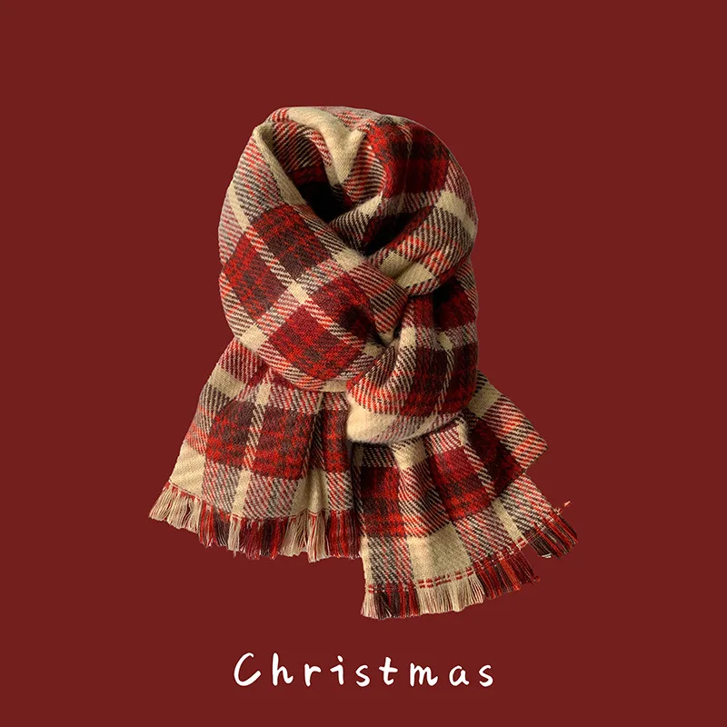 2024 New Red Christmas Scarf Winter Imitation Cashmere Winter Warmth Women\'s Fashion Plaid Scarf Christmas Gifts