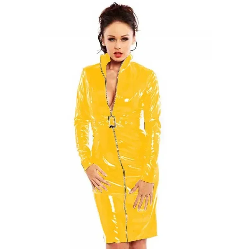 Women PVC Shiny Midi Dress Sexy Turn-down Collar Zipper Dress with Waist Belt Long Sleeve Vestido Bodycon Wet Look Clubwear