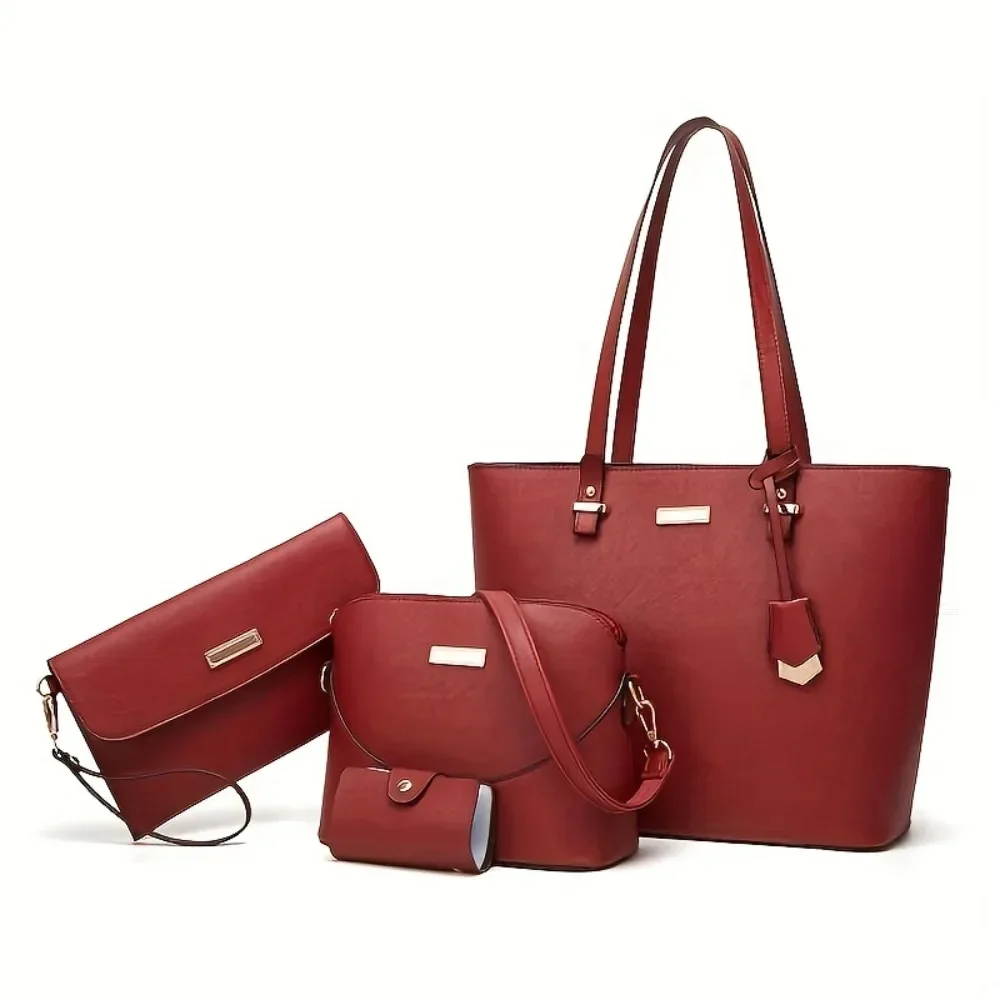 Bolso de mano de gran capacidad para mujer, conjunto de 4 piezas, cruzado, sencillo, de color sólido