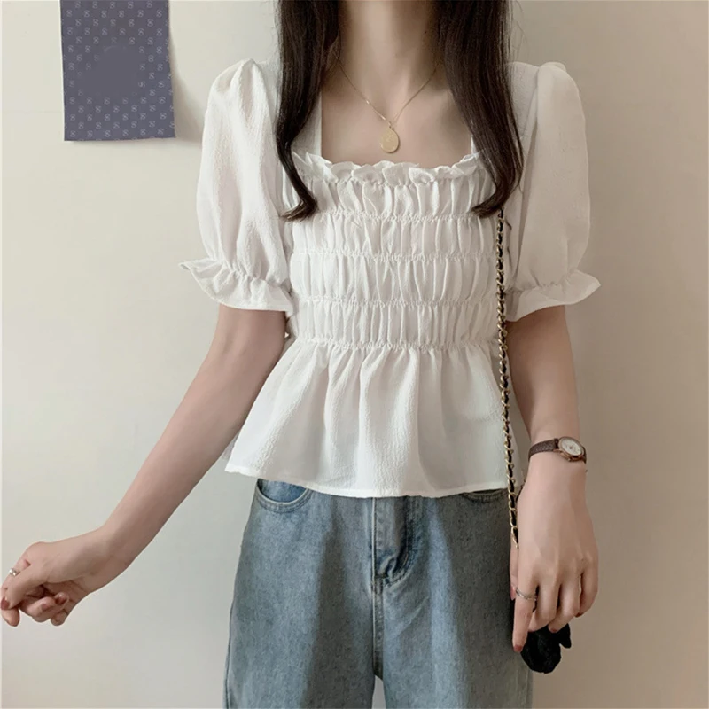 

Elegant Square Collar Puff Sleeve Chiffon Shirts Women Korean Shirring Waist Short Sleeve Shirt Simple All-Match Daily Solid Top