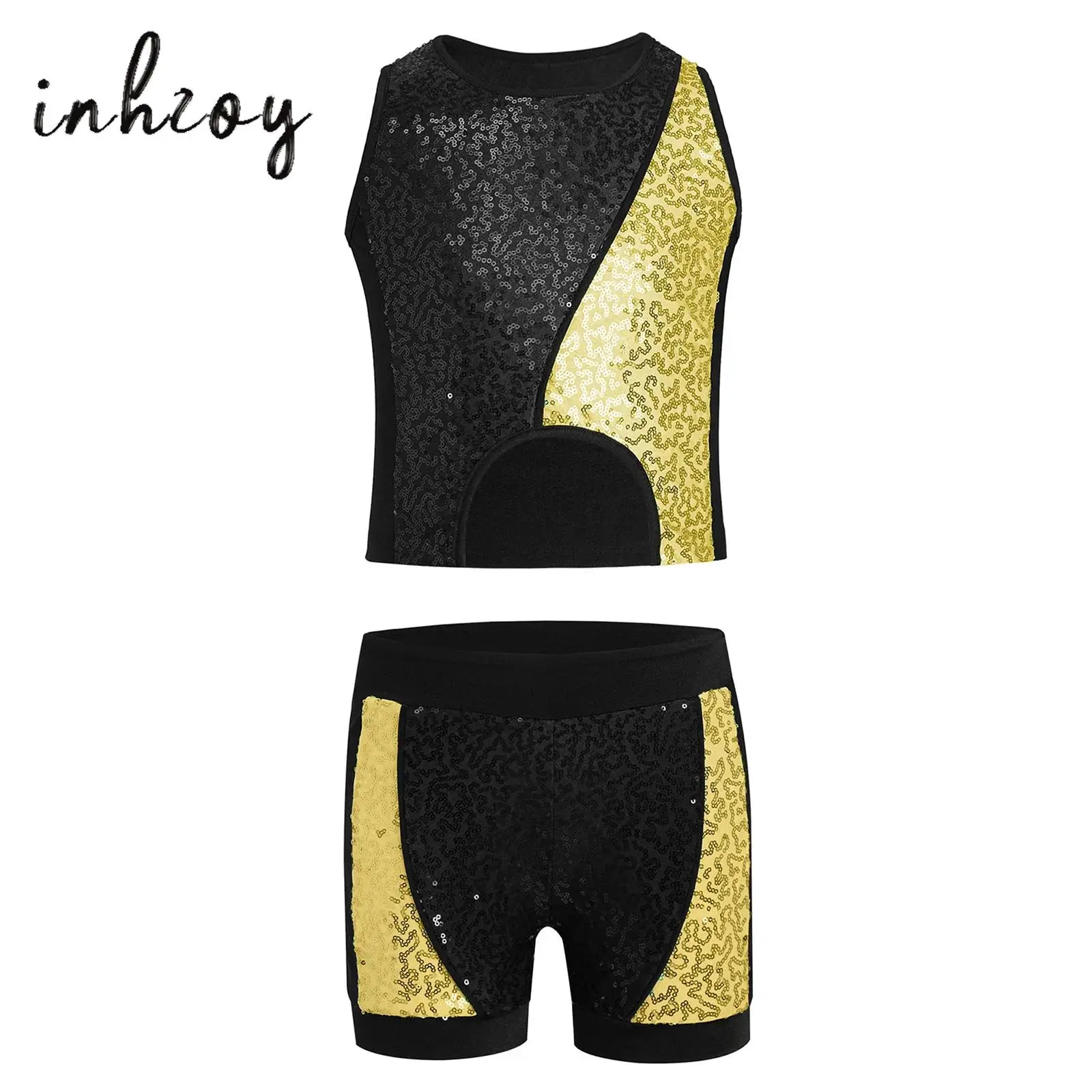 

Kids Girls Hip-Hop Jazz Dance Costume Color Block Patchwork Sparkly Sequins Tank Top Asymmetrical Hem Vest+Shorts Gymnastic Set