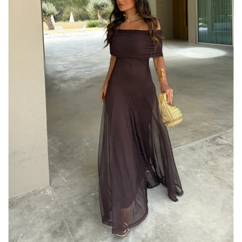 Elegant One Shoulder Sheath Sheer Long Dress Women Fashion Temperament Slim Party Dress Sexy Strapless Solid Color Maxi Dresses - view 2