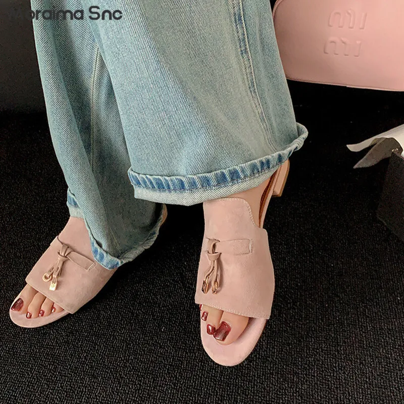 Suede Flat Wide Slippers Round Toe Flat Heel Slippers Solid Color Inside and Outside Full Leather Open Toe Women's Sandals