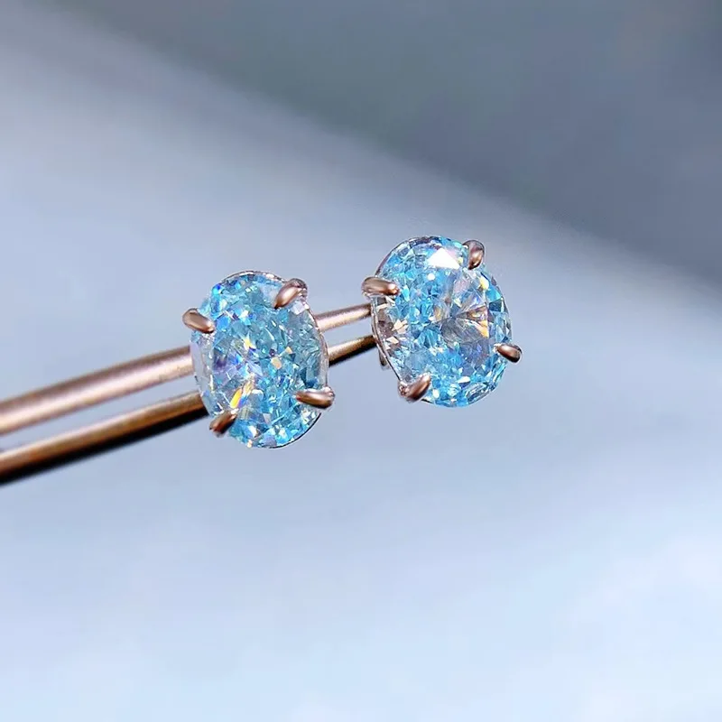 2023 New 925 Sterling Silver Imported High Carbon Diamond 6 * 8mm Sea Blue Treasure Zircon Earrings Cross Border ins
