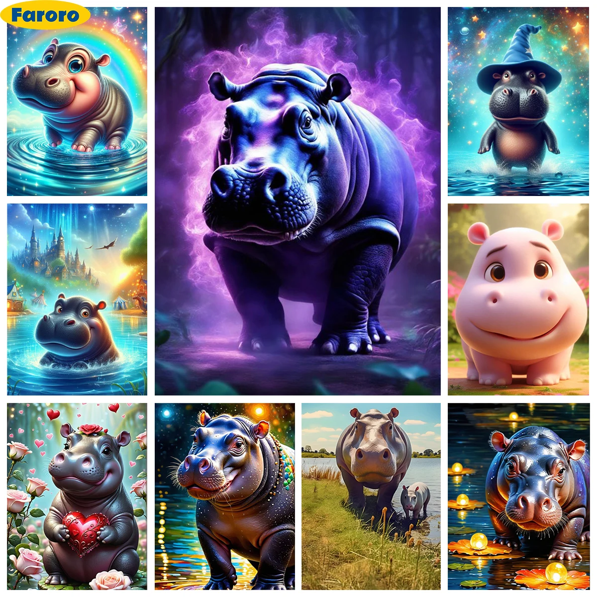 Hippo 5D Diamond Painting Cute Little Hippo Diy Diamond Embroidery Cross Stitch Mosaic Hand Mural Home Wall Decor Child Gift