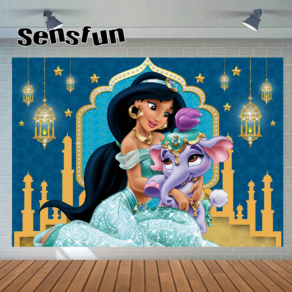 

Aladdin Princess Jasmine Backdrop For Photo Studio Turquoise Purple Elephant Girls Birthday Party Backgrounds Custom