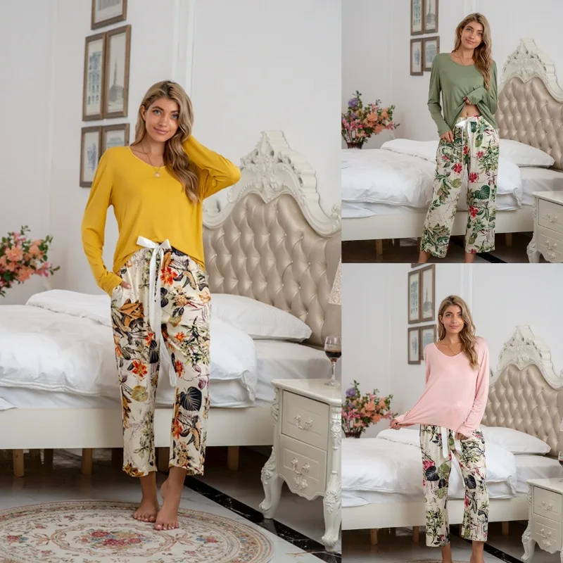 

Modal Cotton Homewear Set Long Sleeve Pants Round Neck Bow Tie Featuring Comfortable Pants Cozy Living Bow Floral Print 3XL Size
