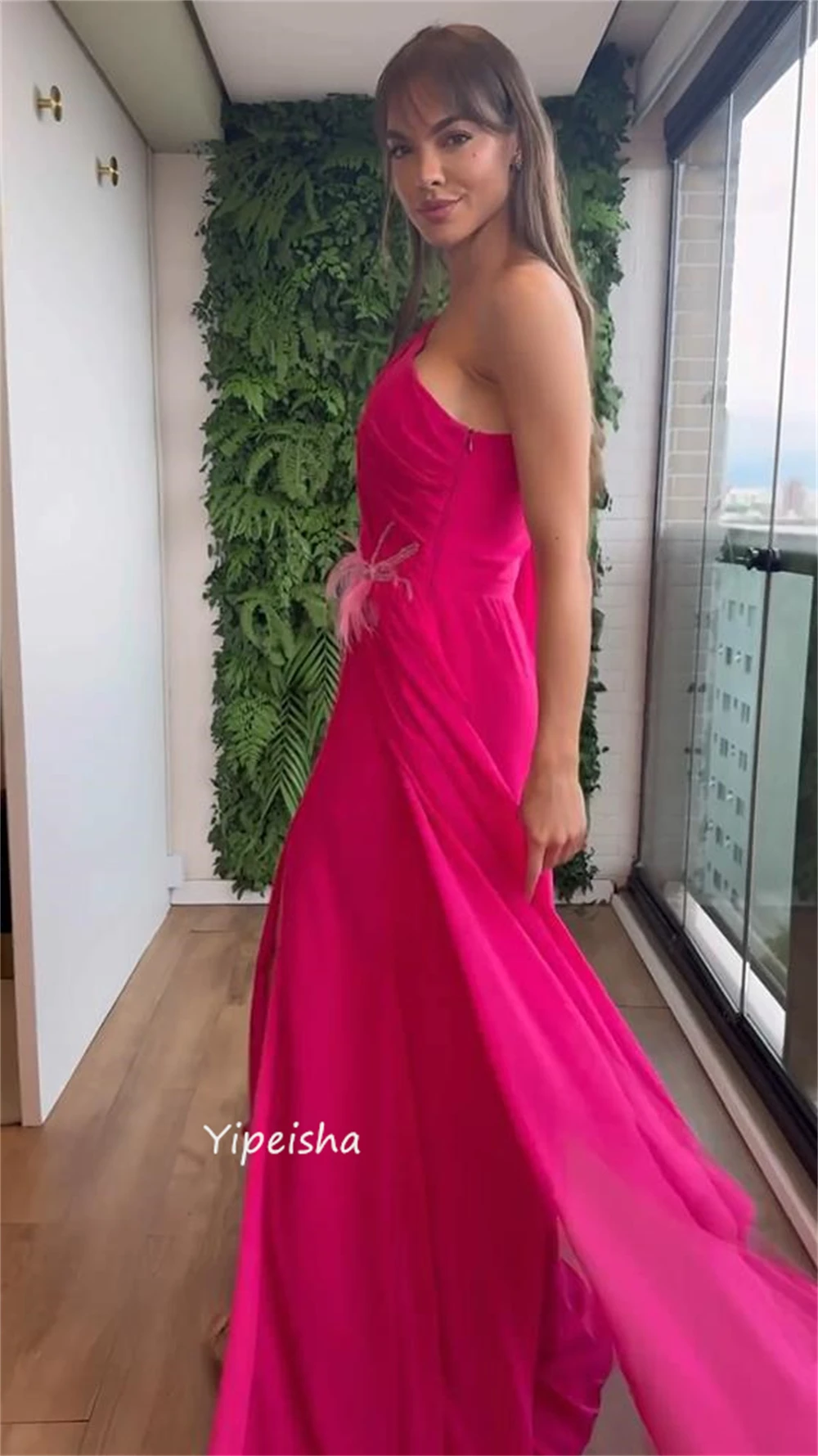 Customized Formal Modern Style One-Shoulder A-line Sequined Feathers Floor-Length Chiffon Bespoke Occasion Dresses Evening