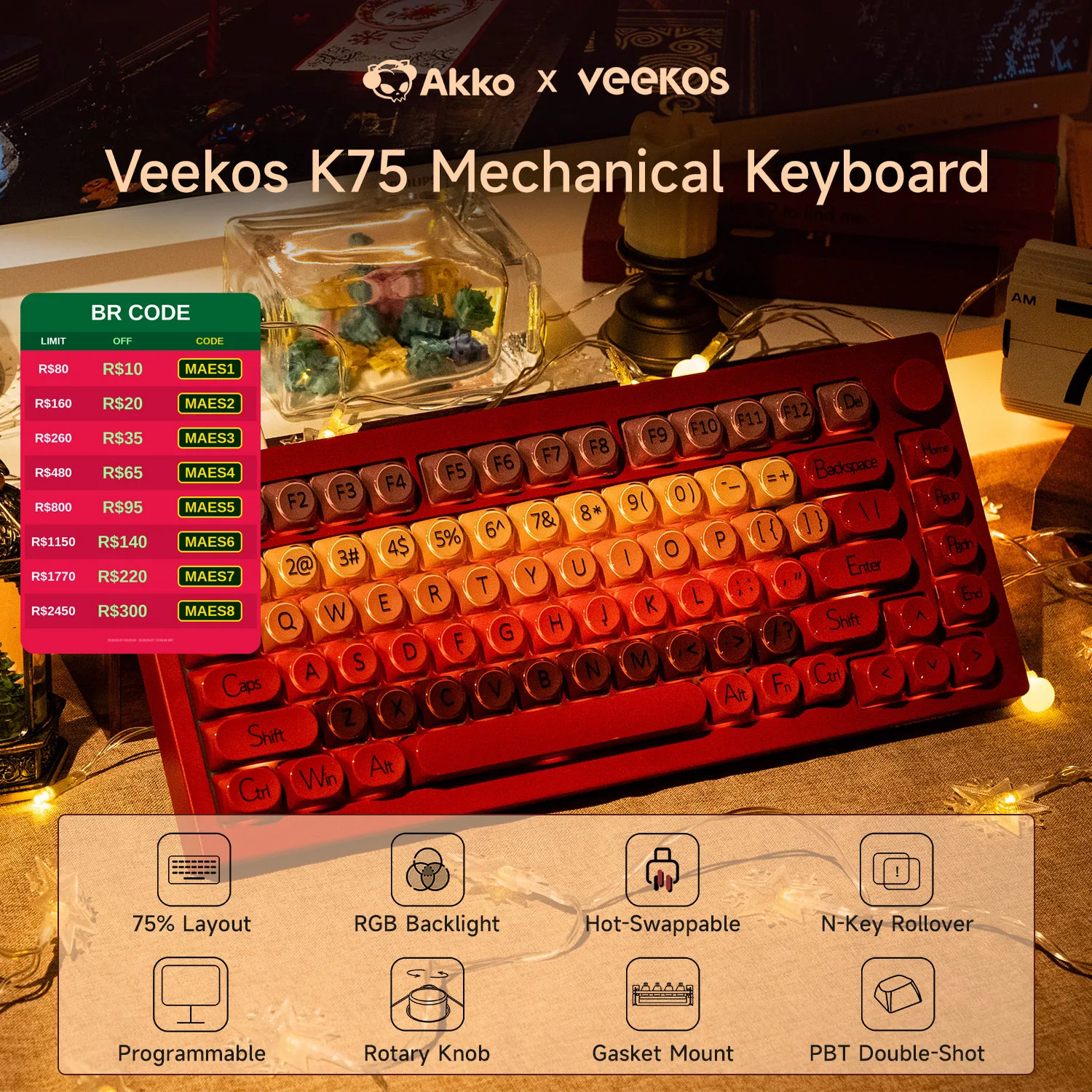 AKKO 5075 X Veekos K75 Gaming Mechanical Keyboard Keyboard 75% RGB 3/5-Pin Hot Swap Wired Customized Keyboard with Knob Gasket