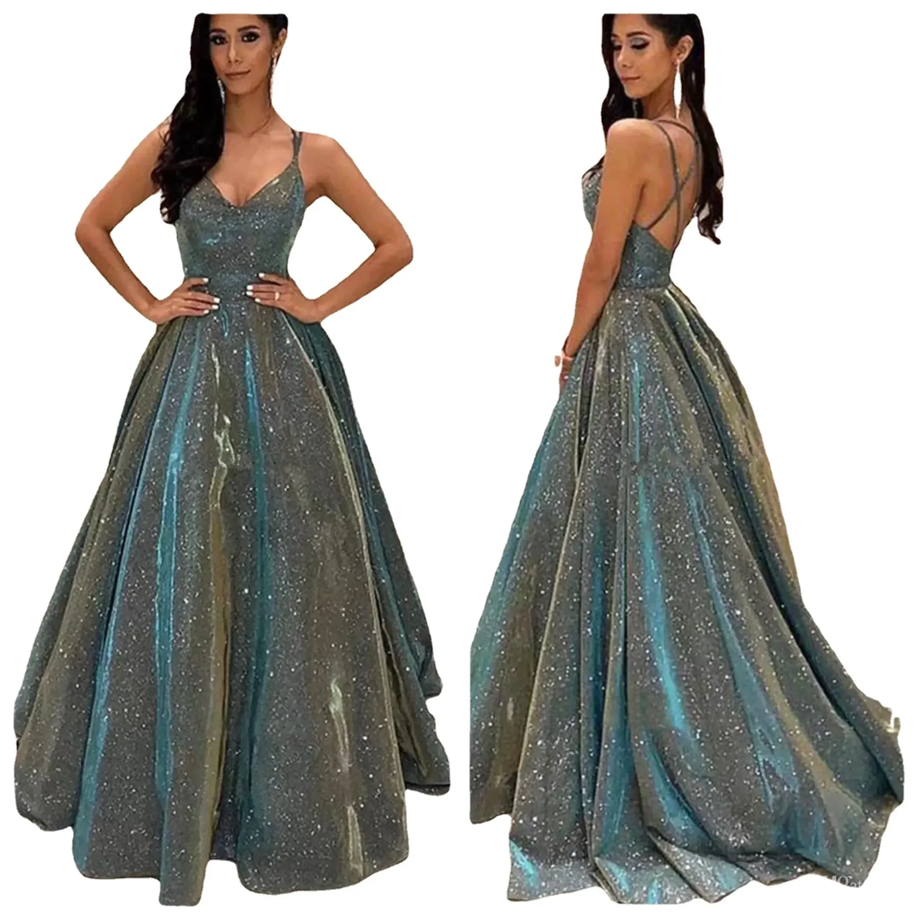 Robe de Soirée Longue et Brillante avec Pendule Ligne A, Tenue Élégante avec des Appliques Perlées et des Bretelles Icide, Idéale pour un Bal Formel, Nouvelle Collection