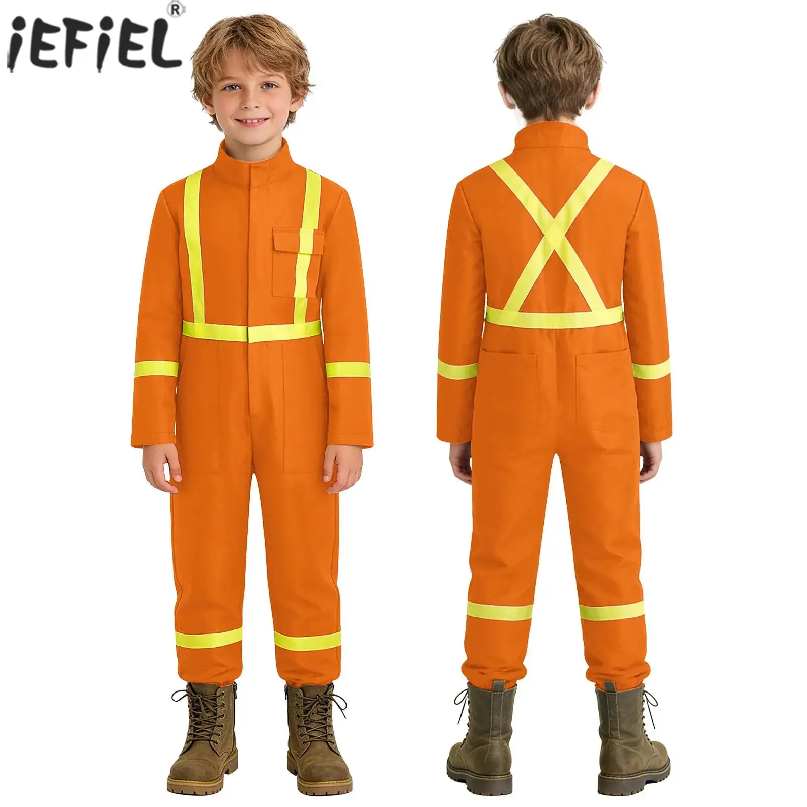 Kids Reflective Coverall Halloween Firefighter Cosplay Costume Mechanic Overalls Long Sleeve Zipper Cargo Pants with Pockets