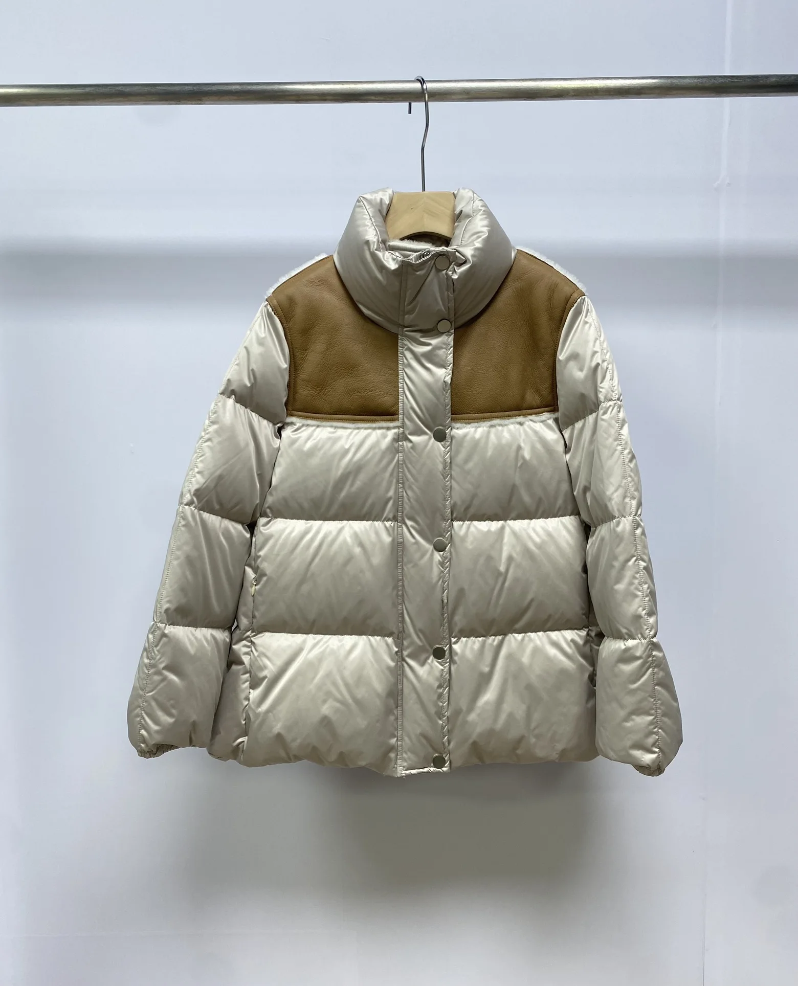 Women's Casual Sheepskin Wool Patchwork Goose Down Jacket, Female Clothing, High Collar, Luxury, Light, Fashion, B, C