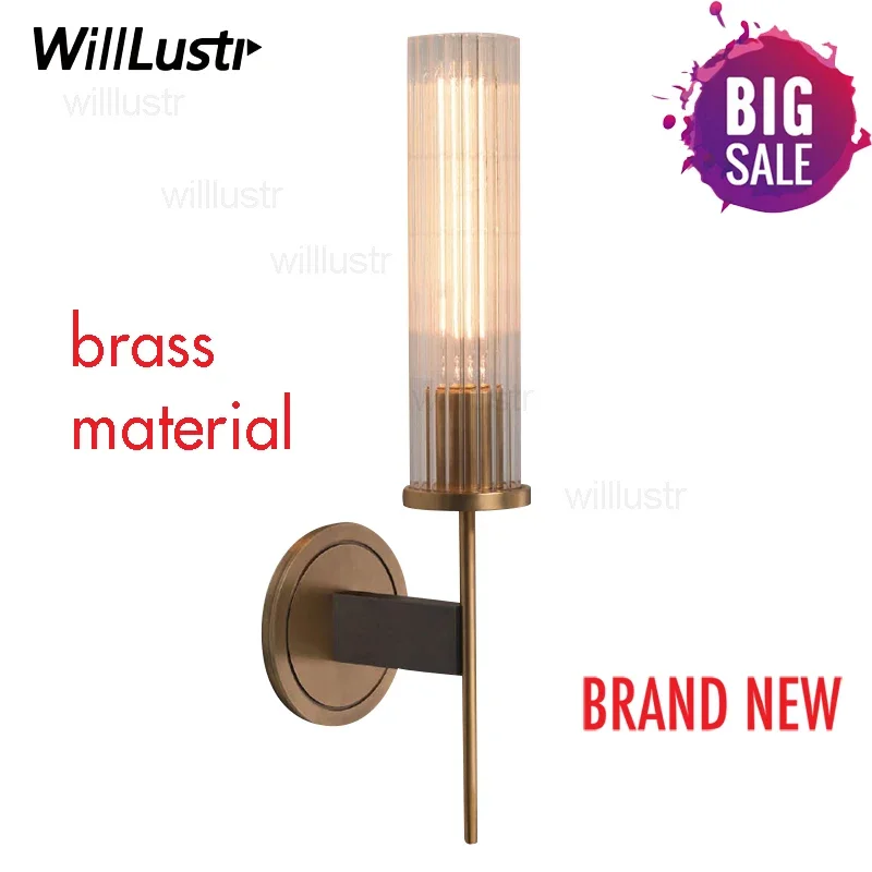 

Brass Wall Lamp Sconce Ribbed Long Glass Vintage Retro Copper Hotel Restaurant Loft Bar Bedroom Bedside Vanity Wall Light