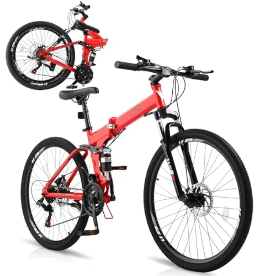 

24/26/27.5 Inch Foldable Mountain Bike for Adults 21 Speed with High Carbon Steel Frame Full Suspension Dual Disc Brake Adjusta