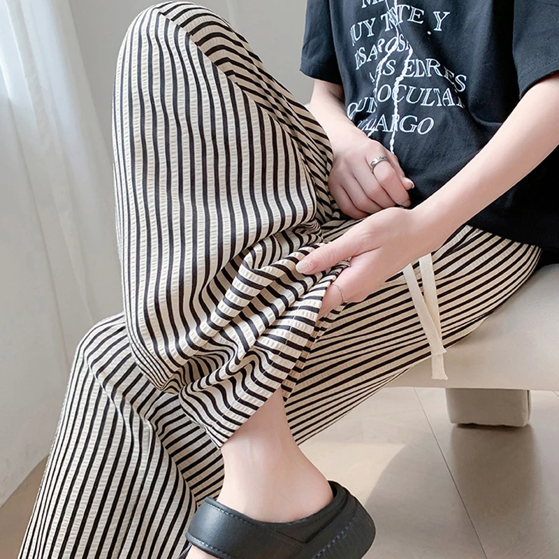 Neue schwarz-weiß gestreifte Hosen Damen Sommer dünne hohe Taille lose Freizeithosen weites Bein Hosen trendige Hosen Y2k Hosen