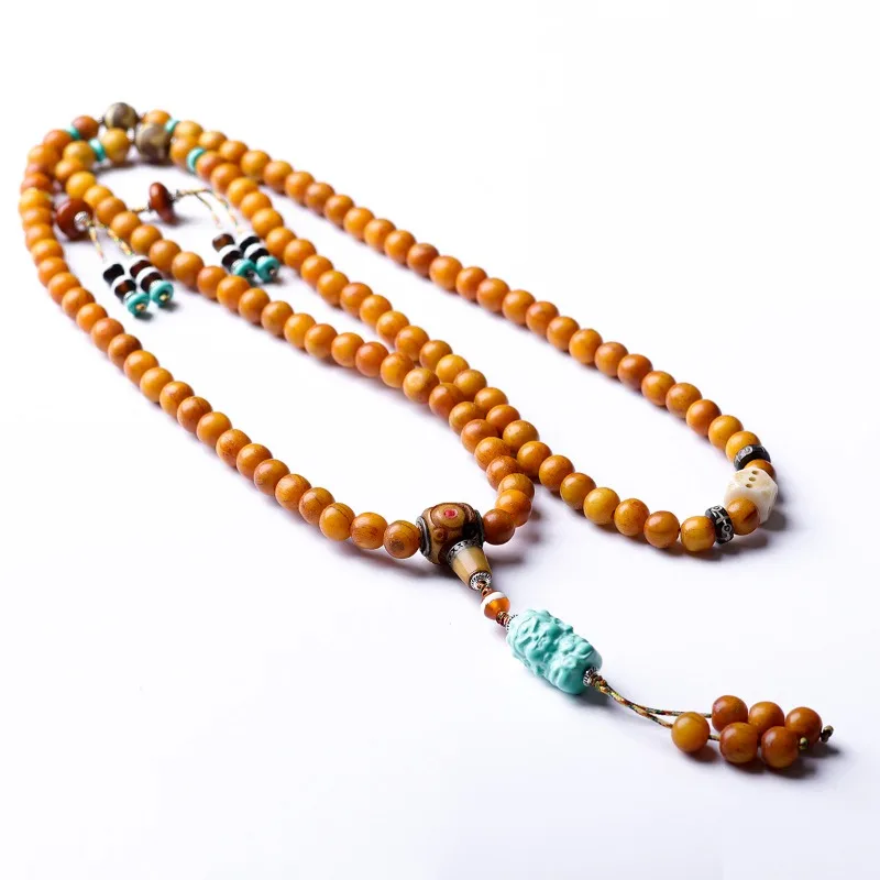 Tibetan Style Bone Bead Necklace Turquoise Yellow God of Wealth Agate 108 Beads Ethnic Sweater Chain Gifts