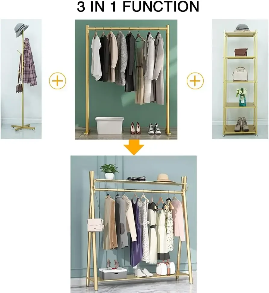 Industrial Garment Rack with Double shelves Bedroom Hanging Clothing Rack,Heavy Duty Movable Coat Rack