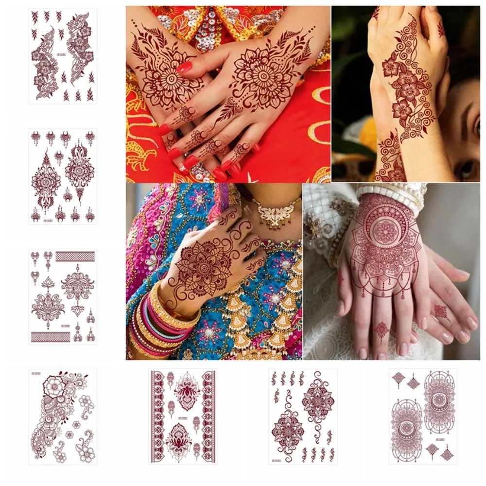 Czerwona koronka tatuaż z henny seksowna bordowa naklejki z tatuażami wodoodporna India Mehndi Design tymczasowe tatuaże palec ręka tatuaż dla kobiet