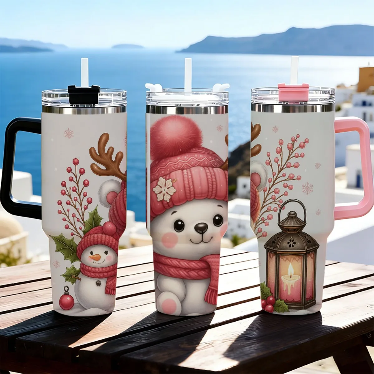 40oz Cute Winter Bear Snowman Lantern Berry Snowflake Print Insulated Stainless Steel Travel Tumbler With Handle Large Thermal Cup Christmas Holiday Gift