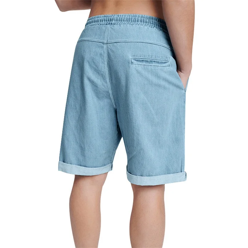 Men s Relaxed Fit Denim Shorts with Drawstring Waistband and Pockets Perfect for Summer Beach or Streetwear Style