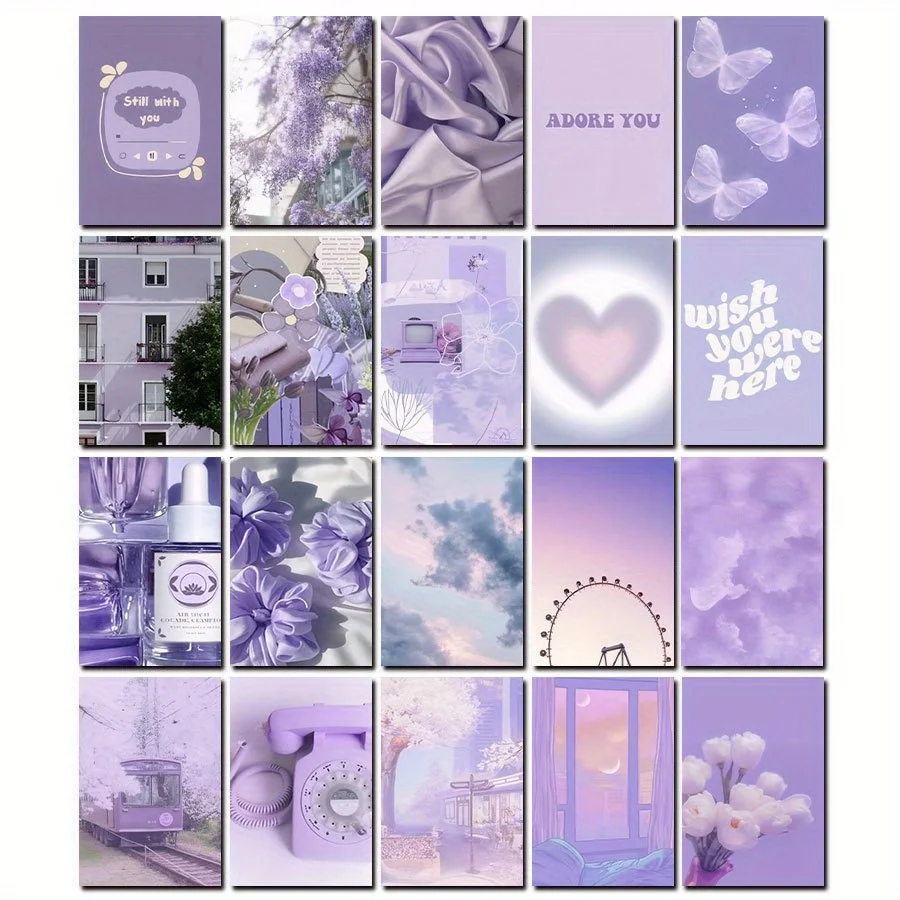 20PCS Purple Fashion Aesthetic Landscape Art Wall Decoration Postcards, Reusable, Suitable for Mailing and Collecting