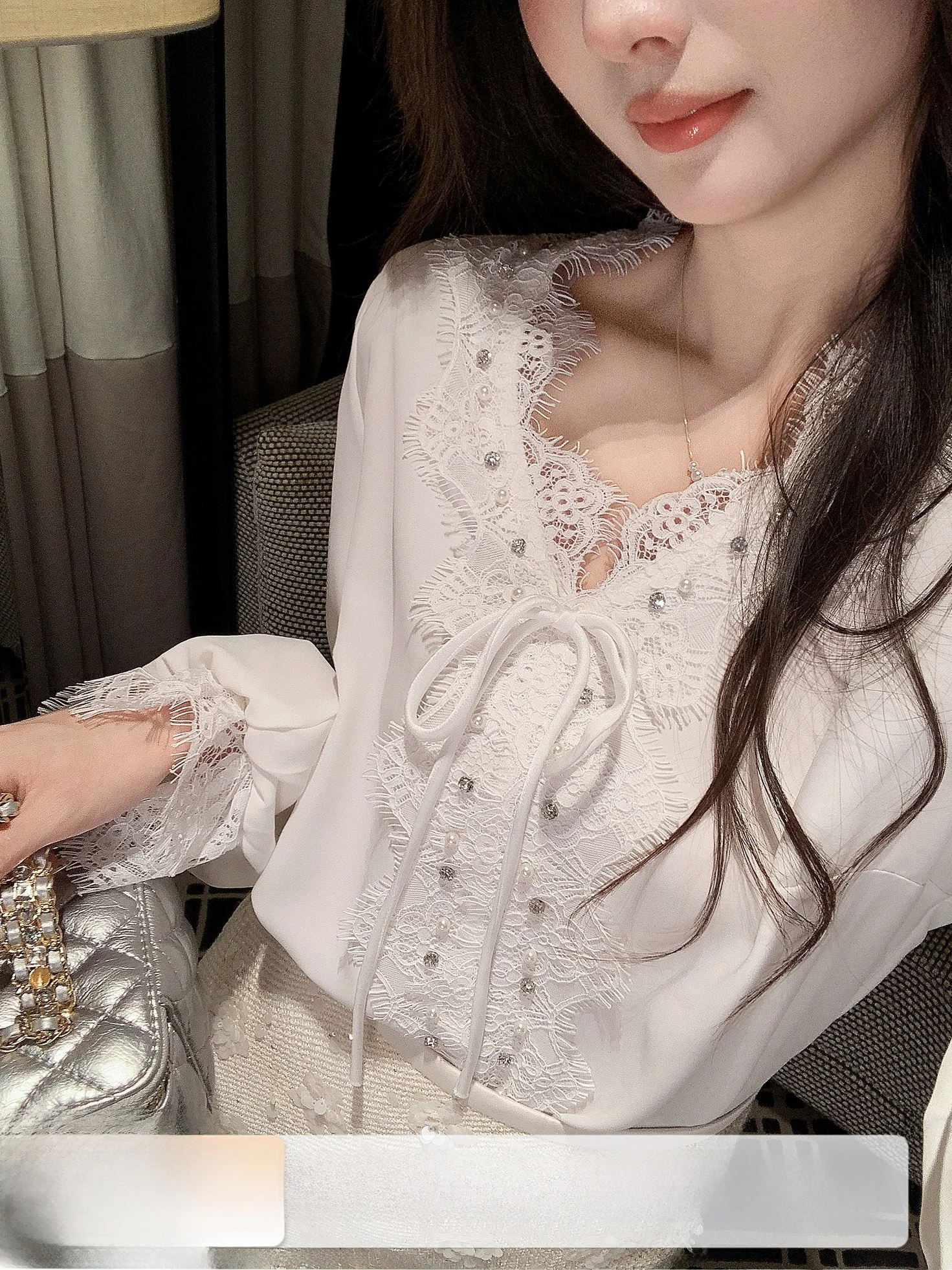

White Lace Tie Blouse Women's Sle 2025 New Faion Chiffon irt French Sle Slim Fit Long Sve Daily Wear for Girls