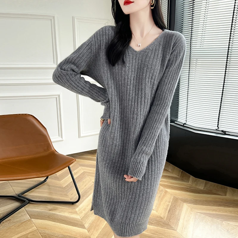 100% Wool Knitted V-neck Loose Dresses Hot Sale V-Neck Sweaters Women Soft Ladies Jumpers 2024 Winter Cashmeres Clothing