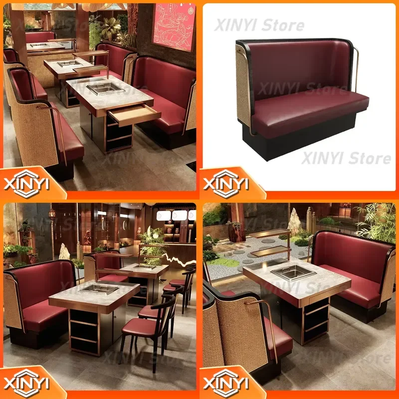 Chinese Style Restaurant Booth Sofa Set for Hot Pot Barbecue Induction Cooker Smokeless Buffet Table Chair Combination Dining