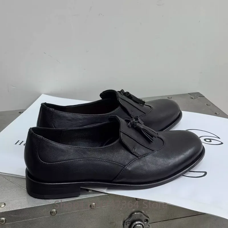 Design Fashion Retro Loafers Women's Shoes Black Tassel Round-Toe British Genuine Leather Female Office Cowhide Comfortable