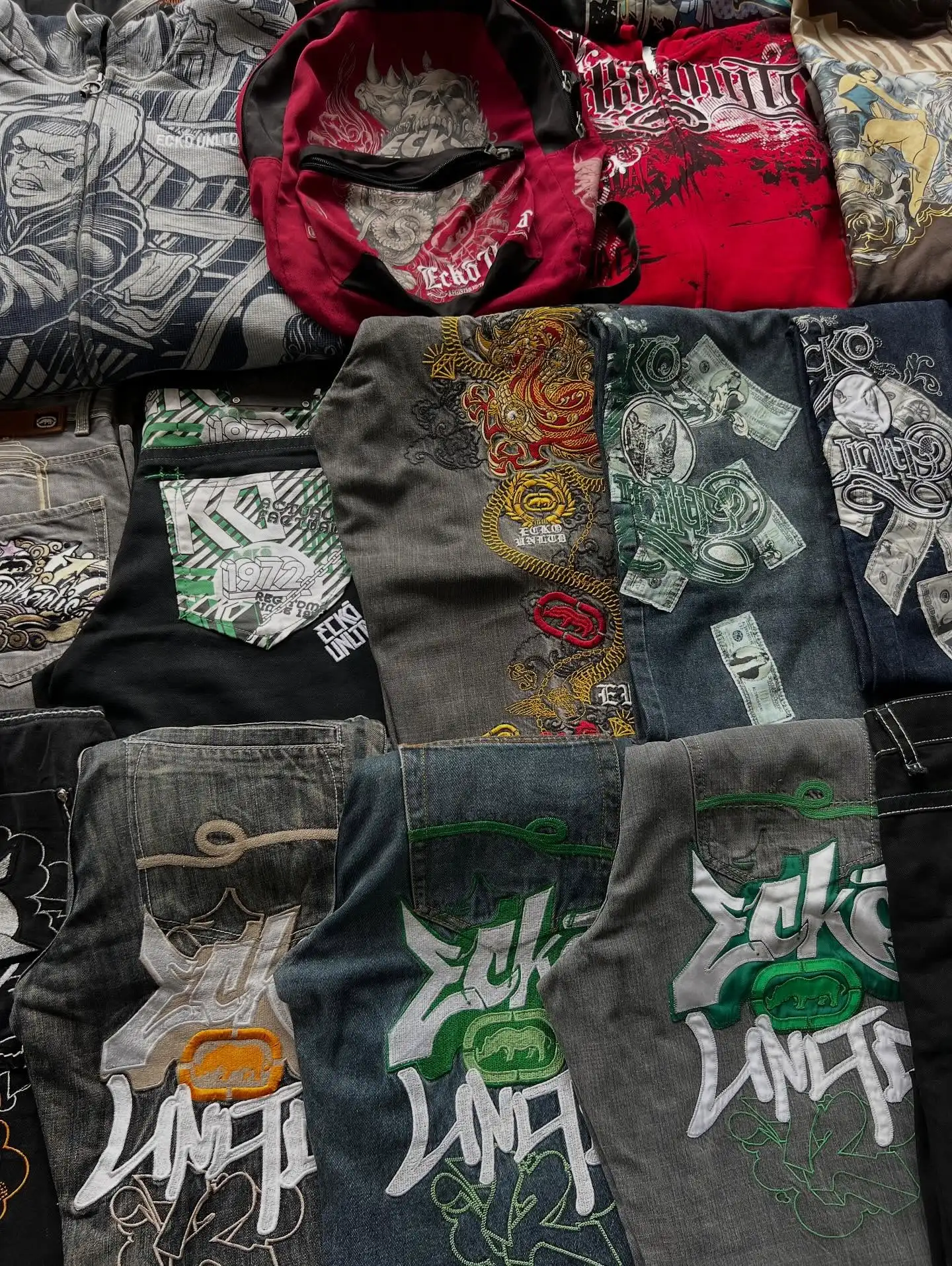Ecko Jeans Men Retro American Hip-Hop Explosions Straight Pants Harajuku Y2K Scrawl Leisure Couple Wide-Leg Pants