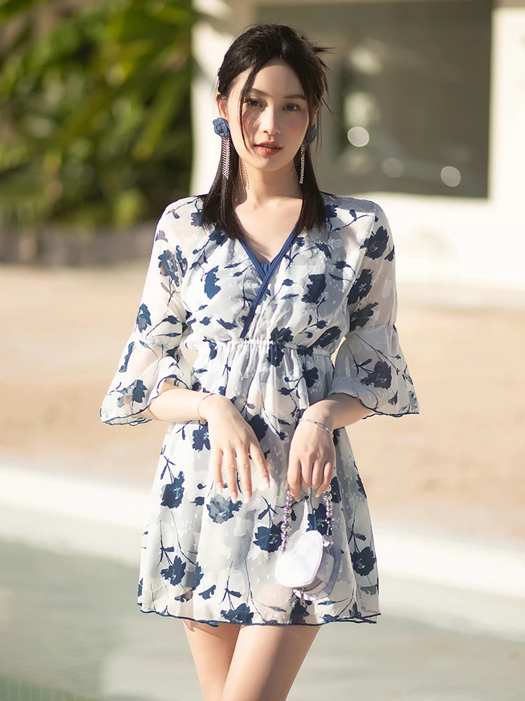 

Women's Two-Piece Swimsuit Three-Piece Set Bikini Meat Covering Slimming Loose Conservative Large Size Hot Spring 200 Pounds INS