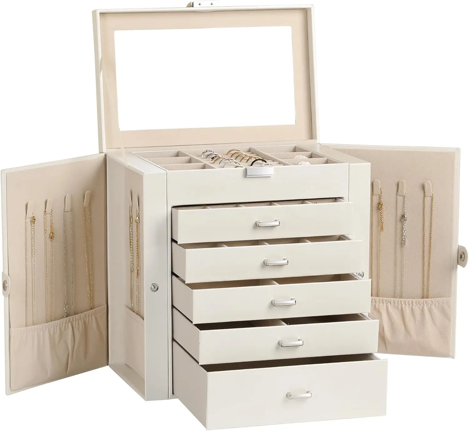 

Large Jewelry Box,6-Tier PU Leather Jewelry Organizer,Multi-functional Storage Case with Mirror,Accessories Holder with