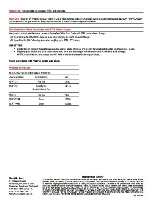 Bostik Never-Seez White Food Grade 14oz زيوت التشحيم لحماية الأجزاء المعدنية