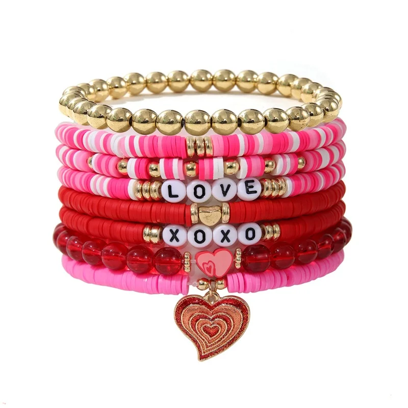 Pink Valentine's Day bracelet Surfer Bracelet For Women Stackable Rainbow Clay beaded Elastic Layered Friendship Bracelets