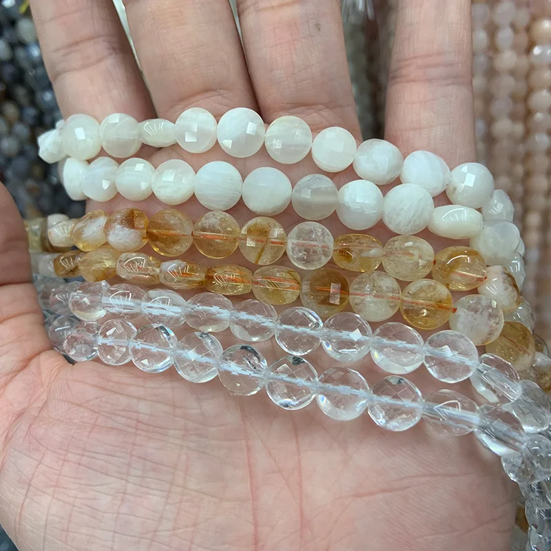 

Natural White Rock Quartz Moonstone Stone Beads 15'' Faceted Coin DIY Loose Beads For Jewelry Making Beads Bracelet Necklace