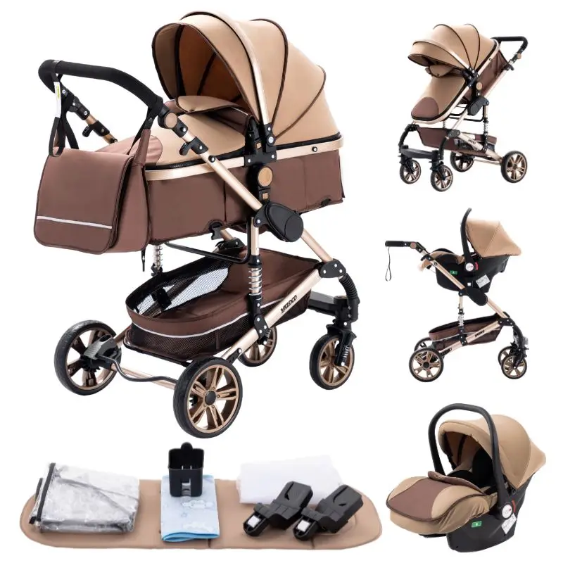 3-in-1 Babywandelwagen met autostoeltje en slaapmandje, lichtgewicht kinderwagen, multifunctionele babybuggy, compacte vouwwagen