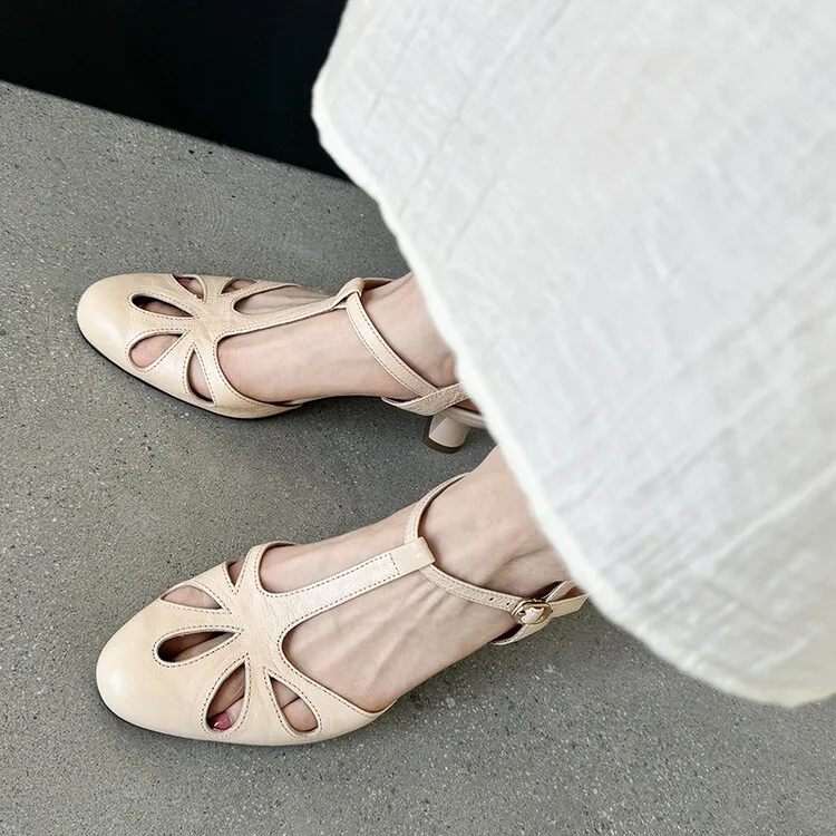 Vintage T-shaped Mary Jane Sandals Sheepskin Hollow Out Round Toe Slingback Sandalias Summer Casual Thin Heels Stilettoes