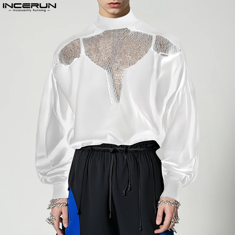 2024 NCERUN Men Causal Long Sleeve Hoodies See Through Mesh Stitching Pullovers Hollow Out Stand Collar Sexy Fitting Sweatshirts