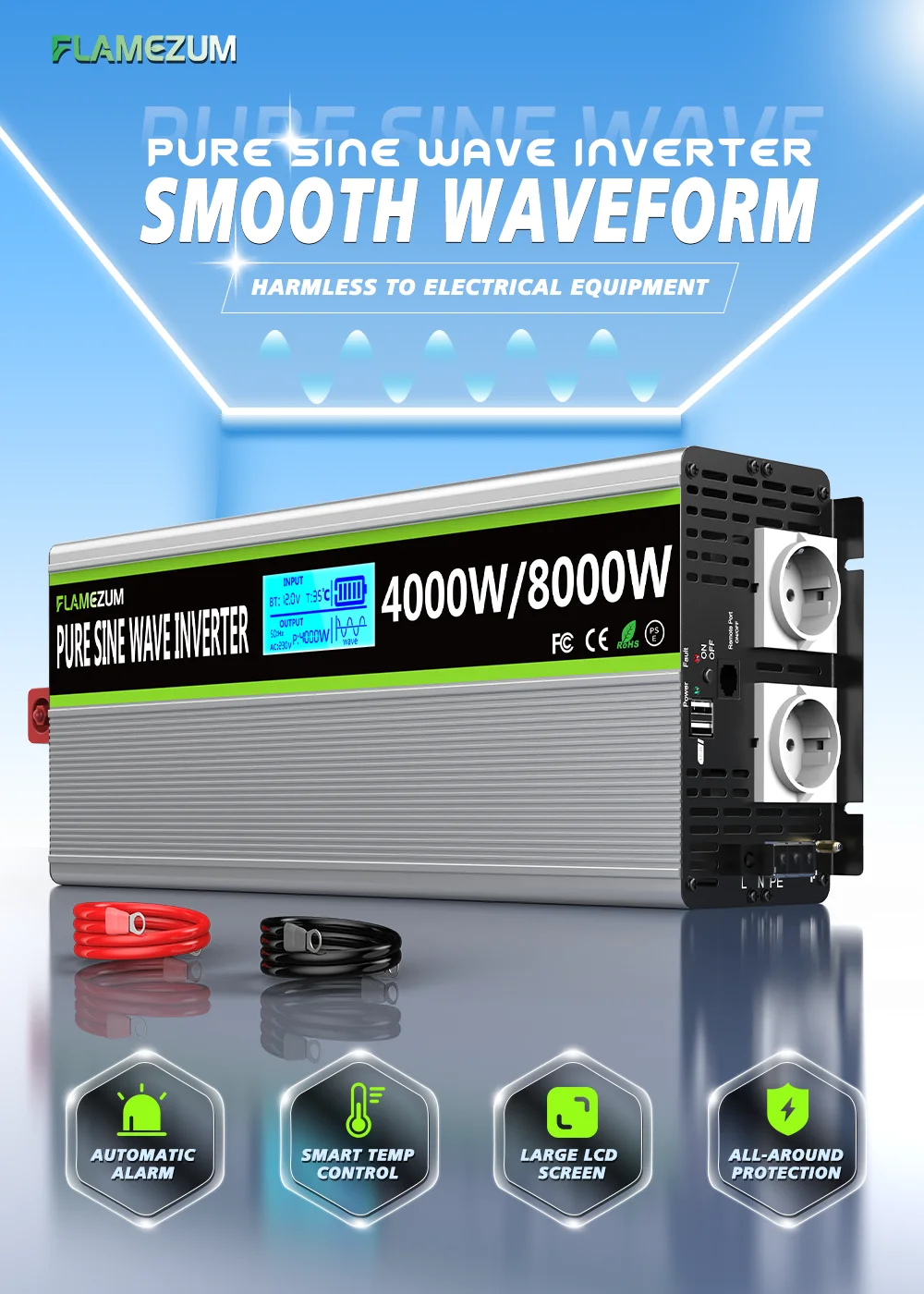 8000 W Solar-Wechselrichter DC 12 V/24 V zu AC 230 V reiner Sinus-Wechselrichter-Konverter mit RC und Dual-USB-Autolade-Wechselrichter – Detail 1
