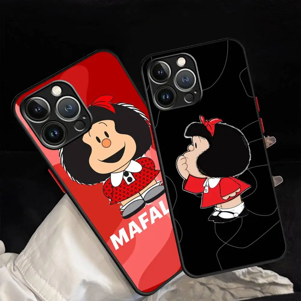 Funda para iPhone 16 15 14 11 12 13 Mini Pro Max X XR XS con diseño de Mafalda, a prueba de golpes y con acabado mate.