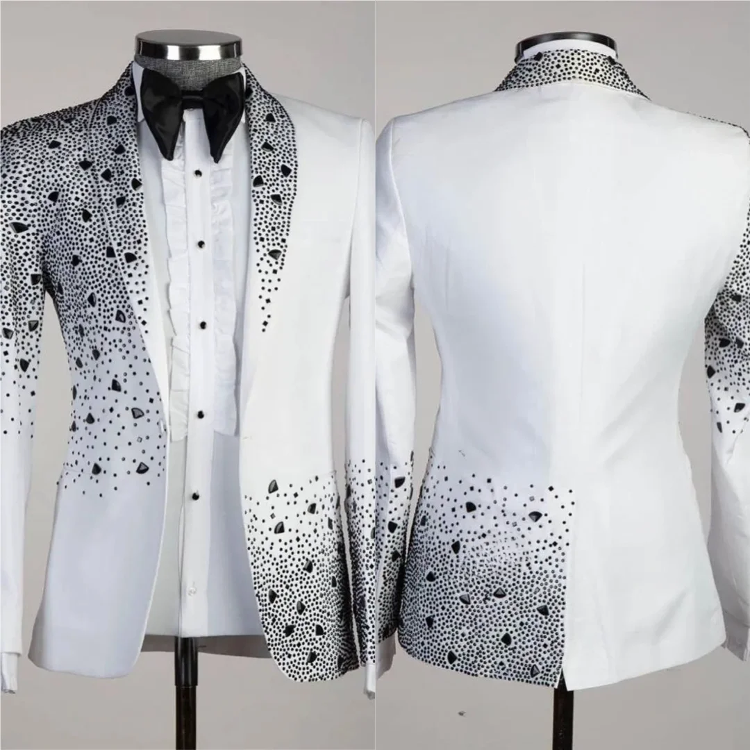 

Luxurious Crystal Men Wedding Suits Double Breasted Groom Tuxedos Hot Fix Party Outfits Customized 2 Pieces Blazer Pants