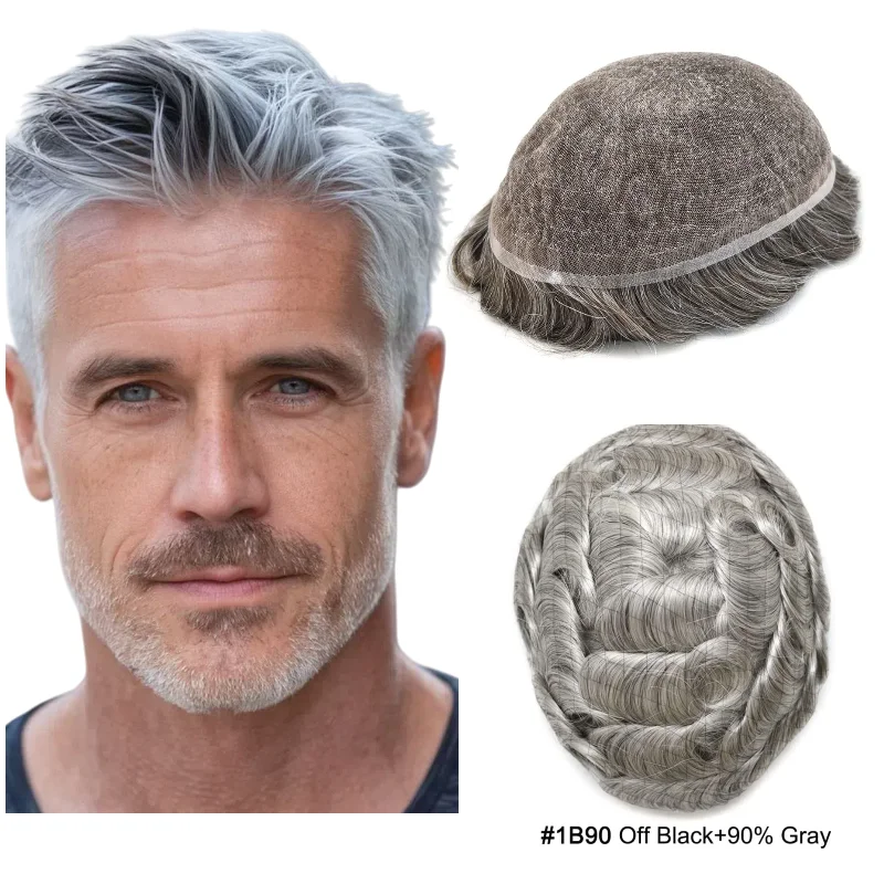 

Men Toupee 100% Human Hair 8x10 Inch Grey Hair Full Lace Base Lace With Pu For Birthday Gift Colors 1B60 #4 Present