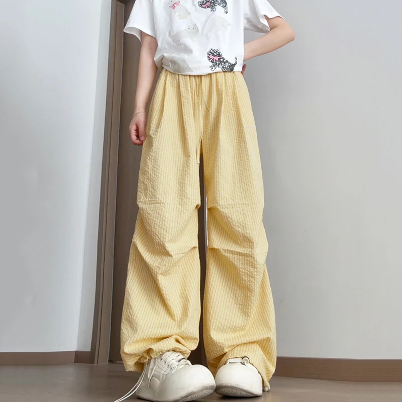 Summer Thin Parachute Wide Leg Pants Women Casual Elastic Waist Quick Drying Sweatpants Woman Drawstring Pleated Baggy Pants