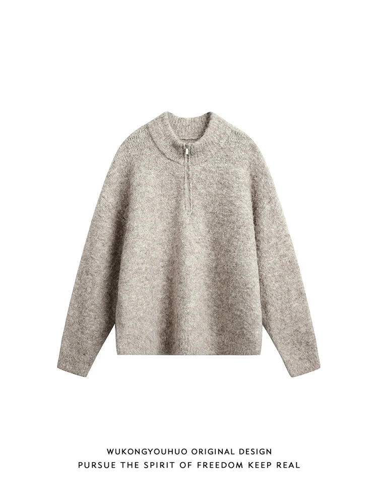 

Мужской вязаный свитер на молнии из смесовой шерсти для осени и зимы, повседневный, удобный, свободного кроя, длинный рукав