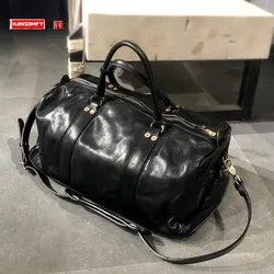 Black Pure Leather Travel Bag Men's Handbags Real-Leather Portable Shoulder Messenger Bag Cowhide Big Luggage Bag Tide