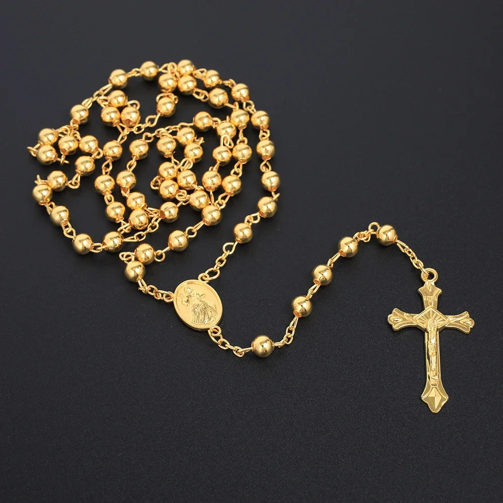 Gold Color Rosary Necklace For Women Men Long 6MM Beads Chain Crucifix Cross Pendant Religious Prayer Party Jewelry Gift