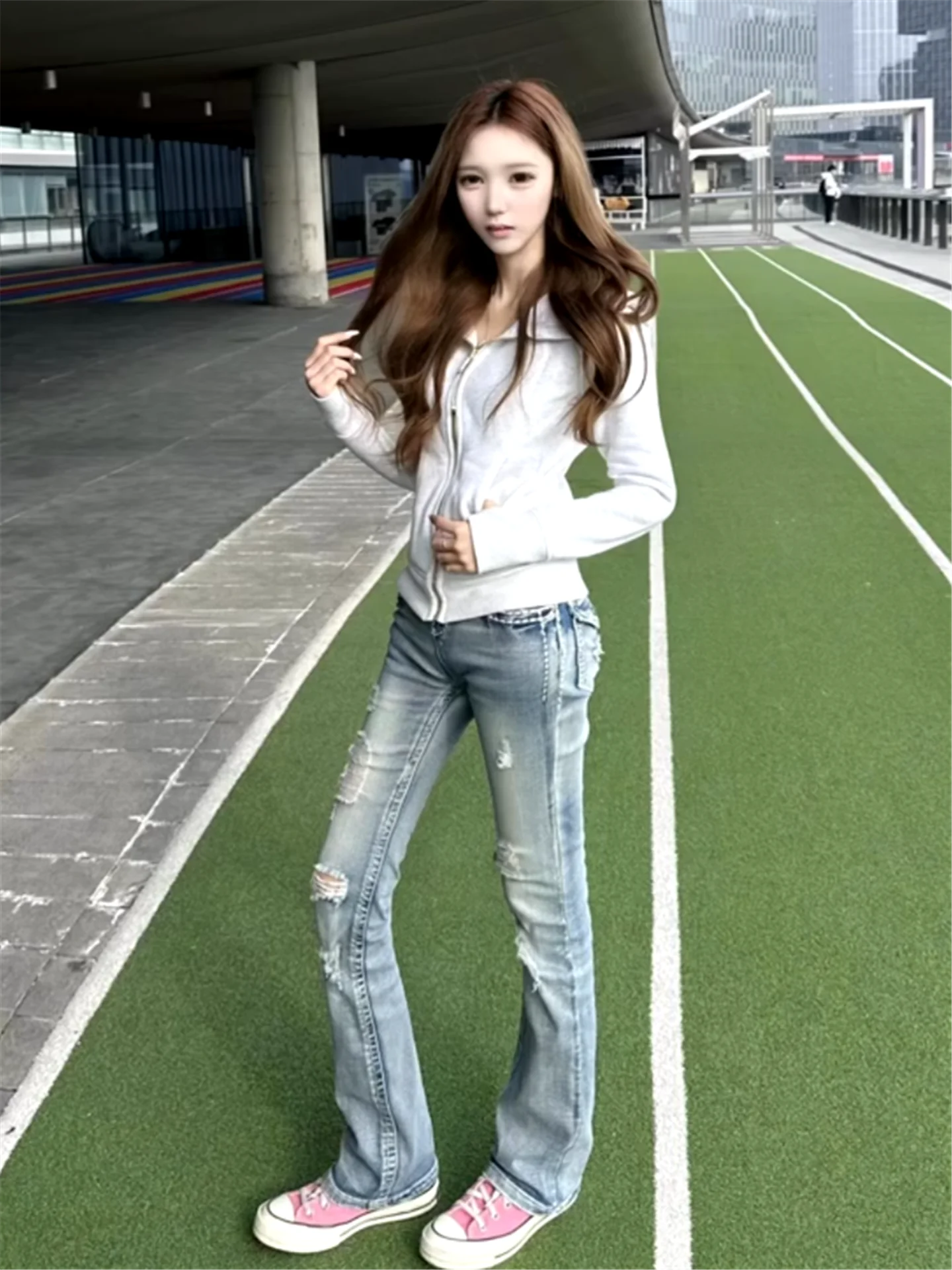 

American Street Style Light Low Waist Distressed Flare Denim Jeans Women's Spring Summer Versatile Slimming Hole Dragging Pants