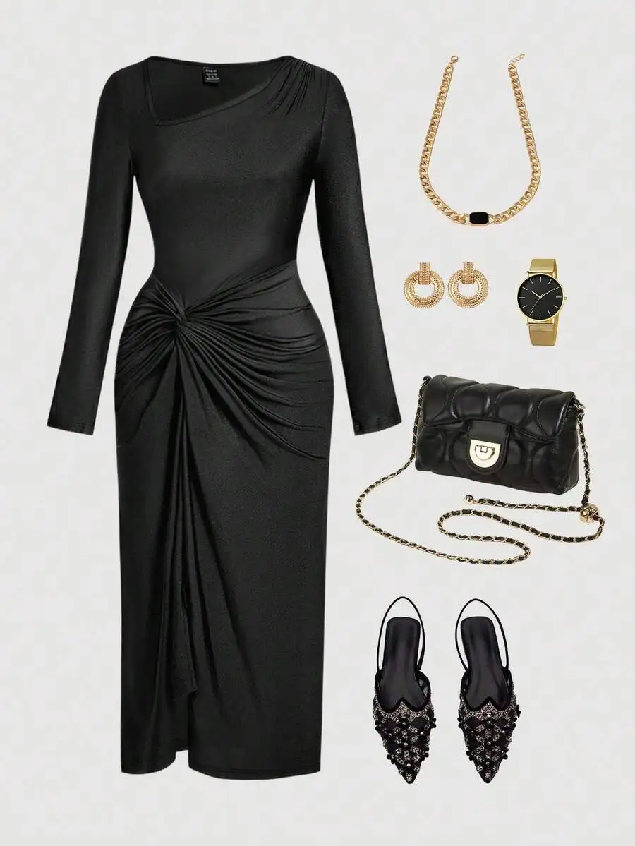 

Black Asymmetrical Neckline Ruched Twist Long Sleeve Midi Dress