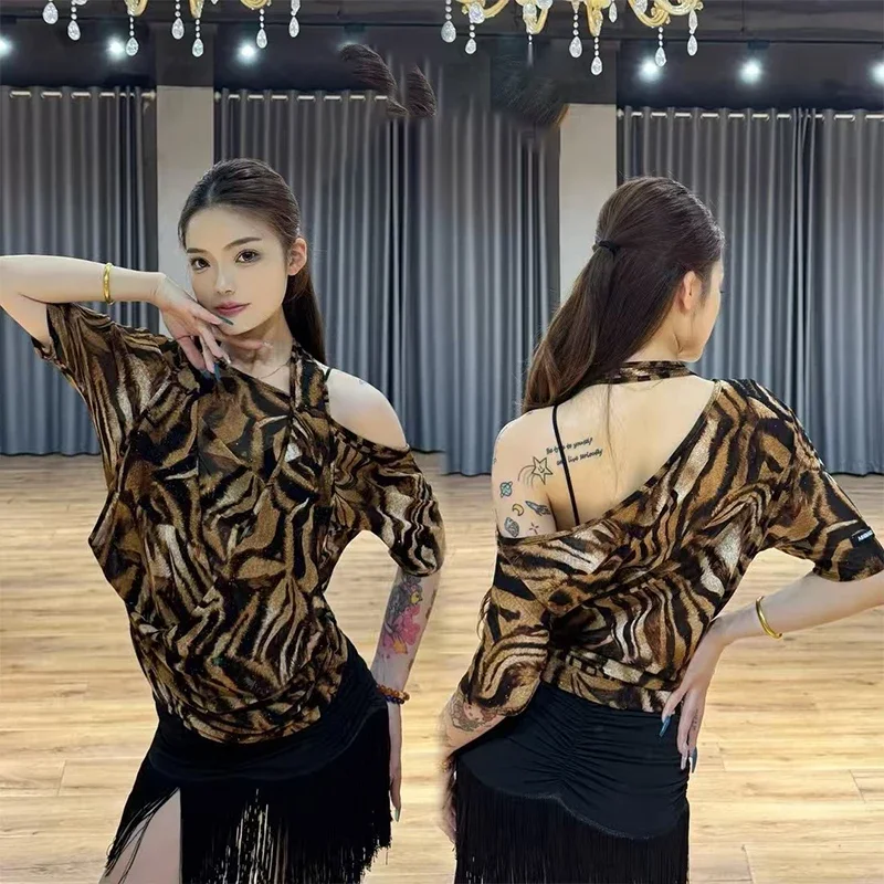 

Waltz Latin Dance Shirt Adult Women Rumba Samba Dance Tops Sexy Performance Clothing Dancing Practice Shirt Tiger Stripe